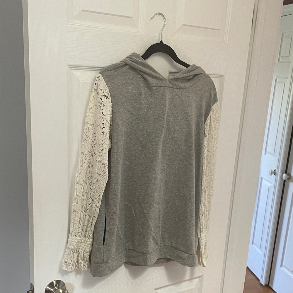 Zara Gray Hoodie Sweater with Cream Lace Sleeves